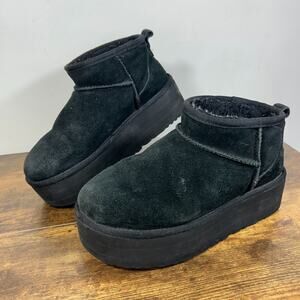 Ugg Boots Womens Size 7 Classic Ultra Mini Platform Black Suede Wool Slip On 38